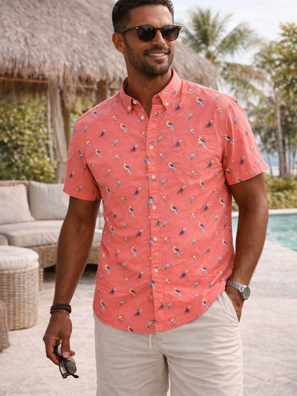 Lee XXL Coral Bird Print Button Up Shirt Cotton Short Sleeve Casual - Picture 3 of 13